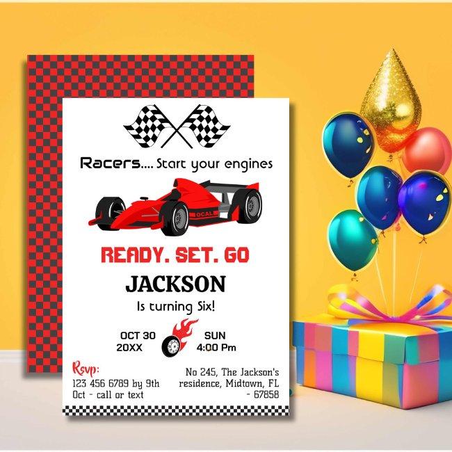 Ready Set Go Red Racing Car Modern 6th Birthday Invitation