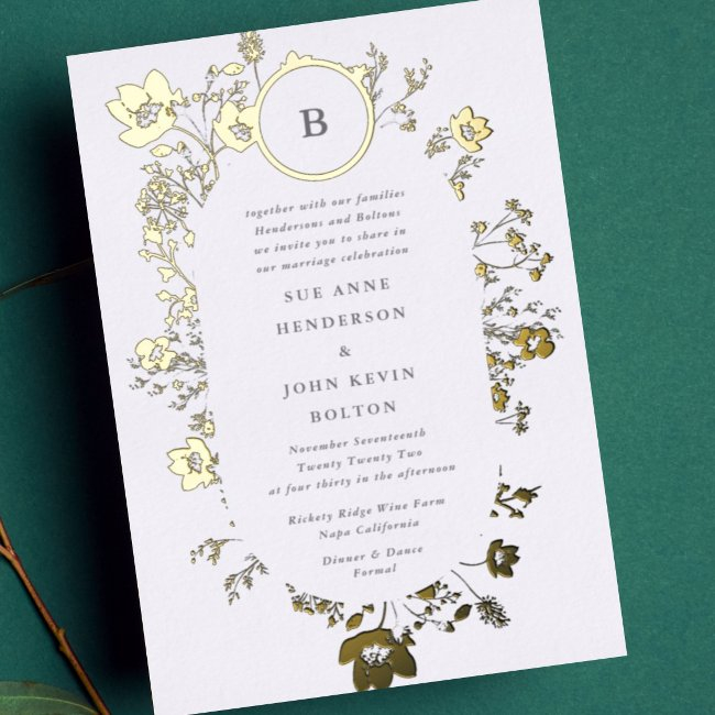Real Gold Circle Monogram Oval Dried Wildflower Foil Invitation