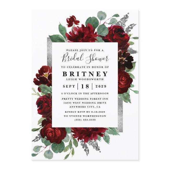 Red And Silver Country Burgundy Rose Bridal Shower Invitation