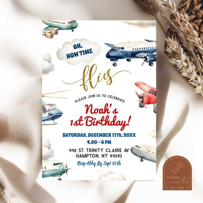 Red Blue Airplane First Birthday Boy Invitation