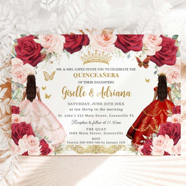 Red Blush Pink Floral Twins Gold Quinceañera Invitation