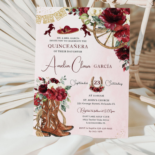 Red Burgundy Floral Charro Western Quinceanera Invitation