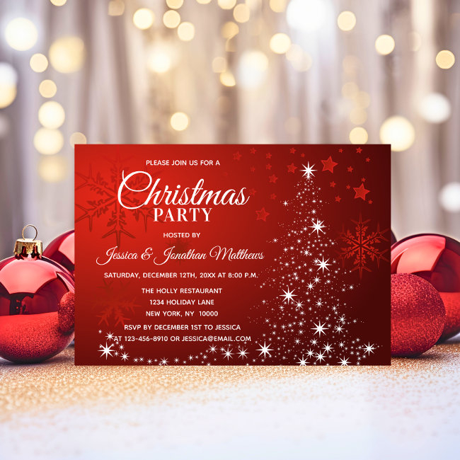Red Christmas Party White Snowflakes Tree Sparkle Invitation