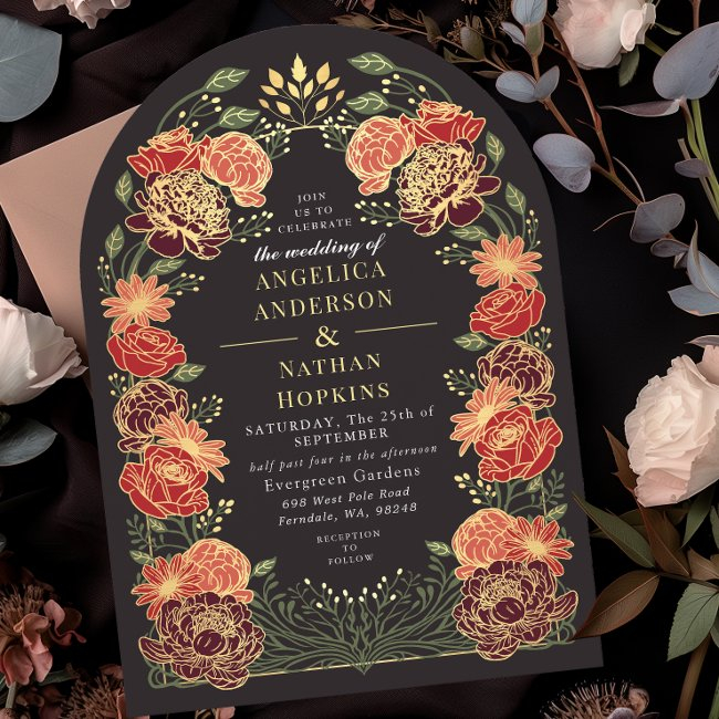 Red Fantasy Enchanted Garden Floral Wedding Arch Invitation