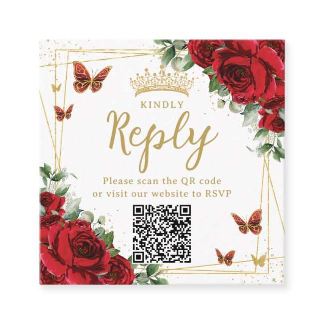 Red Floral Butterflies Quinceanera Rsvp Qr Code Enclosure Invitations