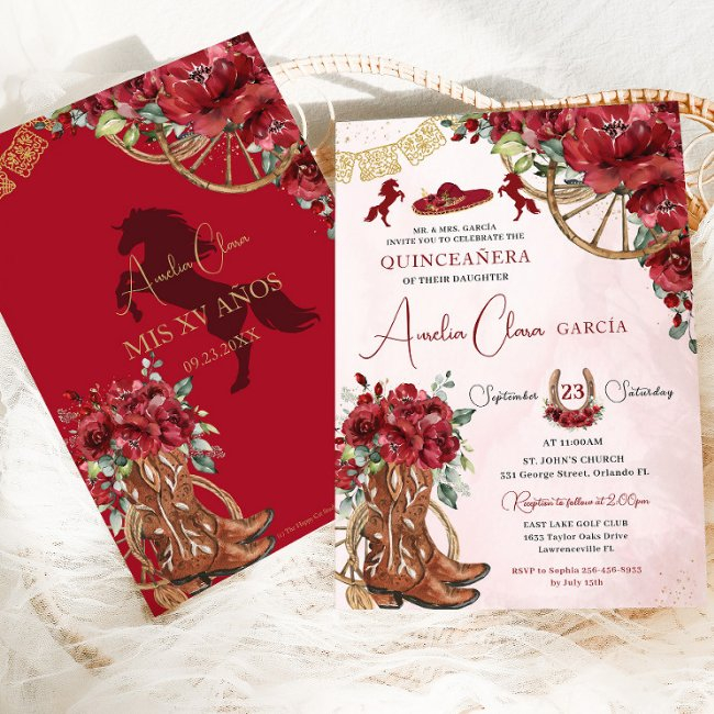 Red Floral Charro Horseshoe Boots Quinceañera Invitation