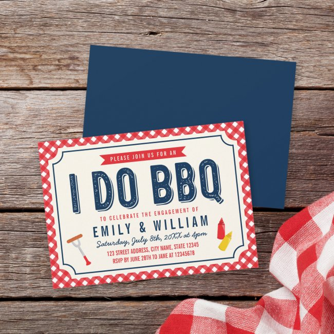 Red Gingham And Blue I Do Bbq Engagement Party Invitation