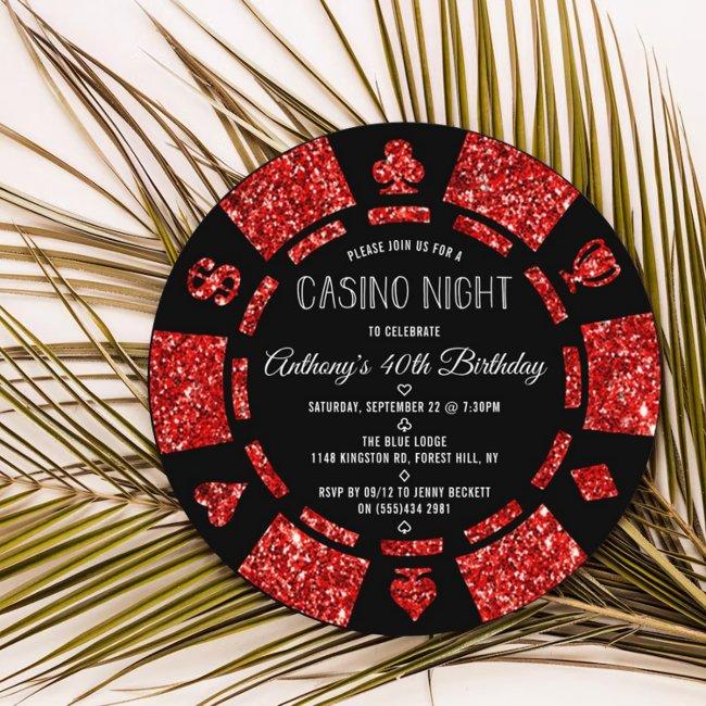 Red Glitter Poker Chip Casino Night Party Invitation