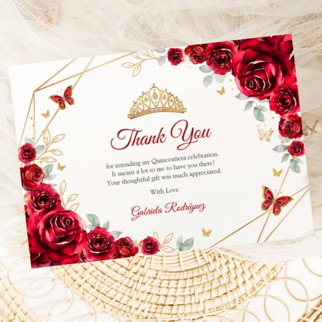 Red Gold Floral Quinceanera Thank You Invitations