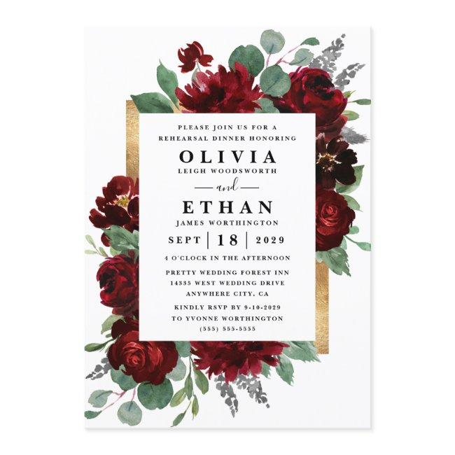 Red Gold Floral Rustic Wedding Rehearsal Dinner Invitation