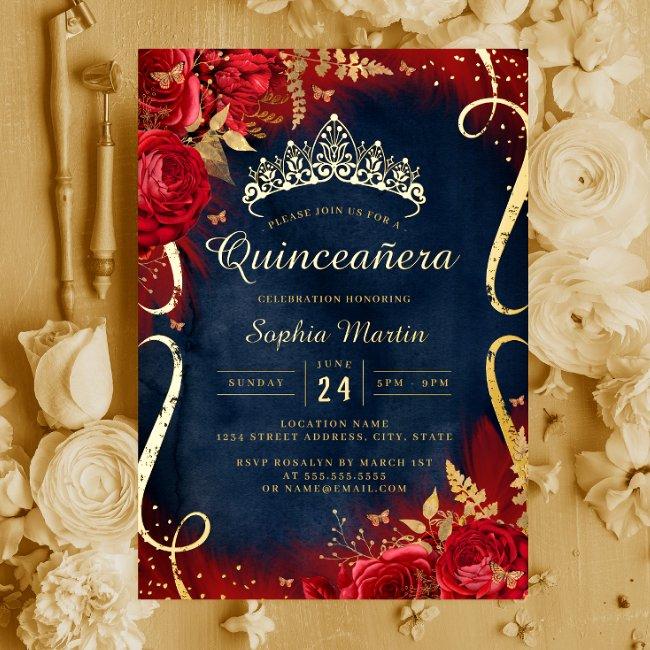 Red Gold Floral Scroll Navy Quinceanera Foil Invitation