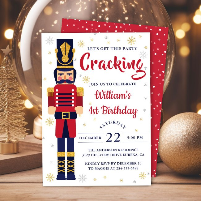 Red Gold Nutcracker Christmas Birthday Party Invitation