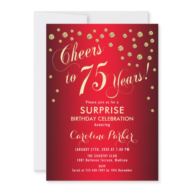 Red Gold Surprise 75th Birthday Party Invitation
