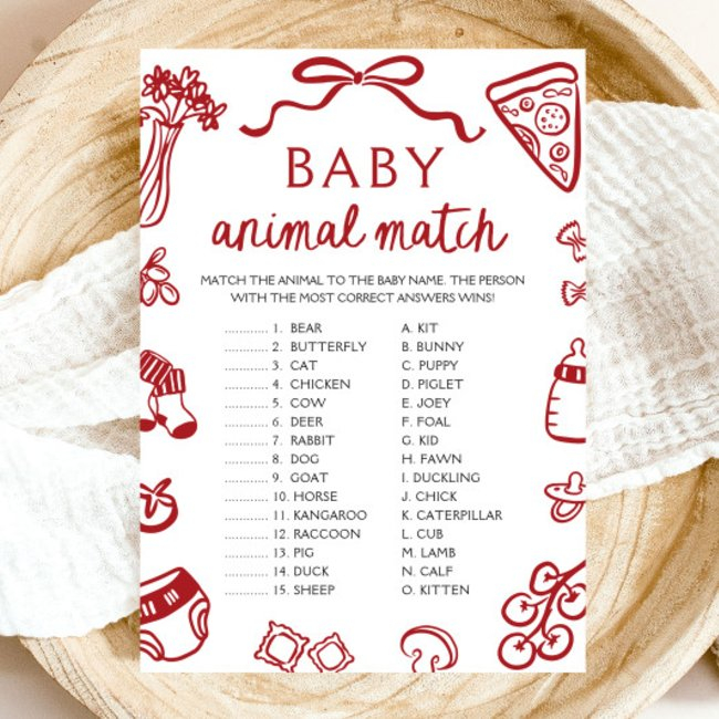 Red Hand Drawn Baby Animal Match Baby Shower Game Invitation