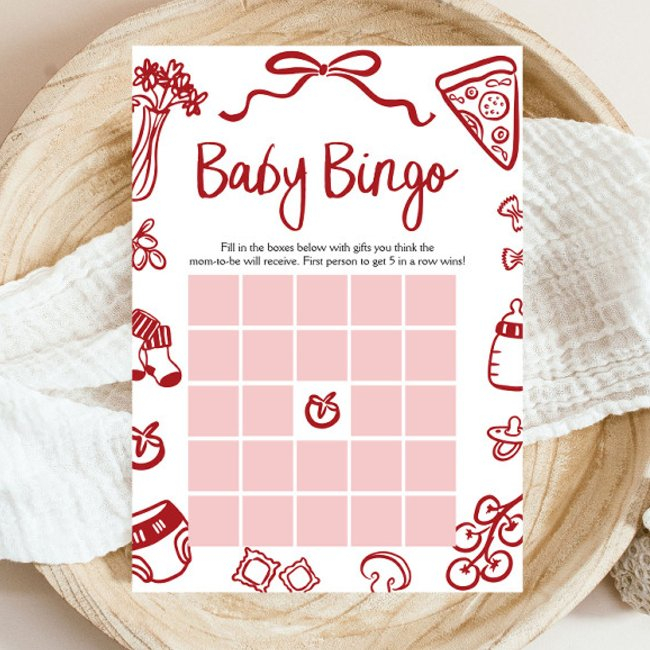 Red Hand Drawn Italian Baby Bingo Baby Shower Game Invitation