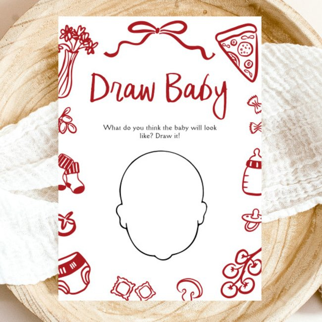 Red Hand Drawn Italian Baby Shower Draw Baby Game Invitation
