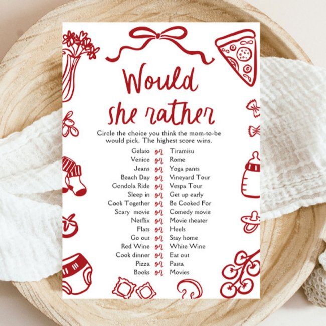 Red Hand Drawn Would She Rather Baby Shower Game Invitation