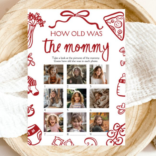 Red Italian Hand Drawn How Old Was The Mommy Game Invitation