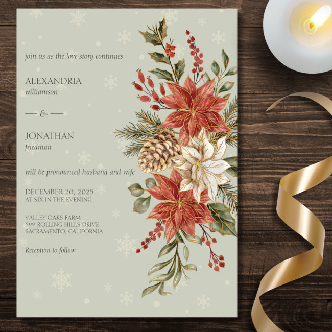 Red & Ivory Poinsettias In Snow On Sage Wedding Invitation