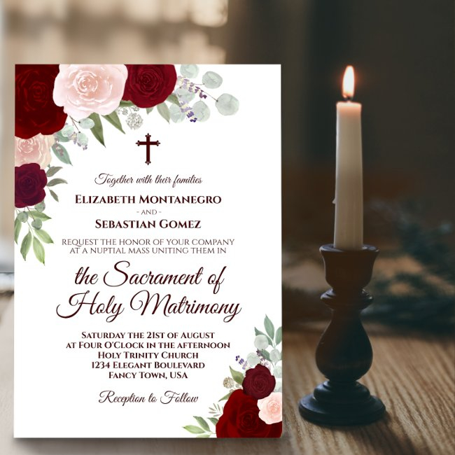 Red & Pink Boho Roses Modern Catholic Wedding Invitation