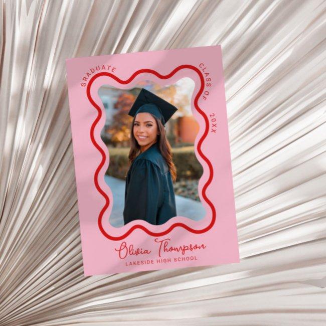 Red Pink Wavy Photo Frame Graduation Invitation