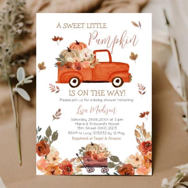 Red Pumpkin Truck Baby Shower Fall Leaves Invitation