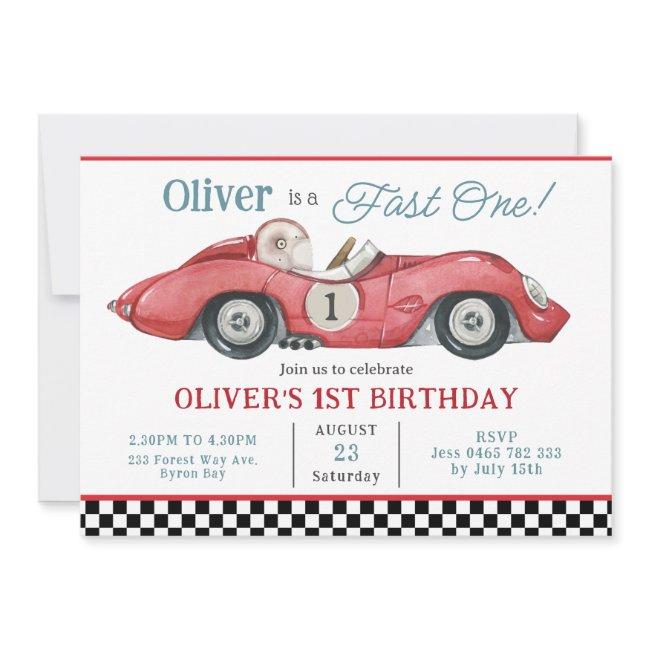 Red Race Car Fast One 1st First Birthday Party Invitation