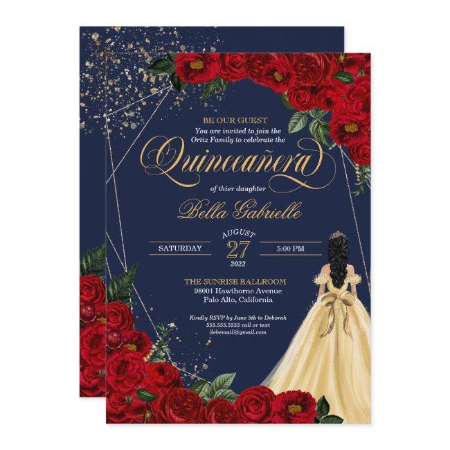 Red Rose Gold Beauty & The Beast Quinceañera Invitation