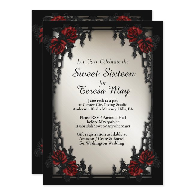 Red Rose Gothic Sweet Sixteen Iron Gate Gold Invitation
