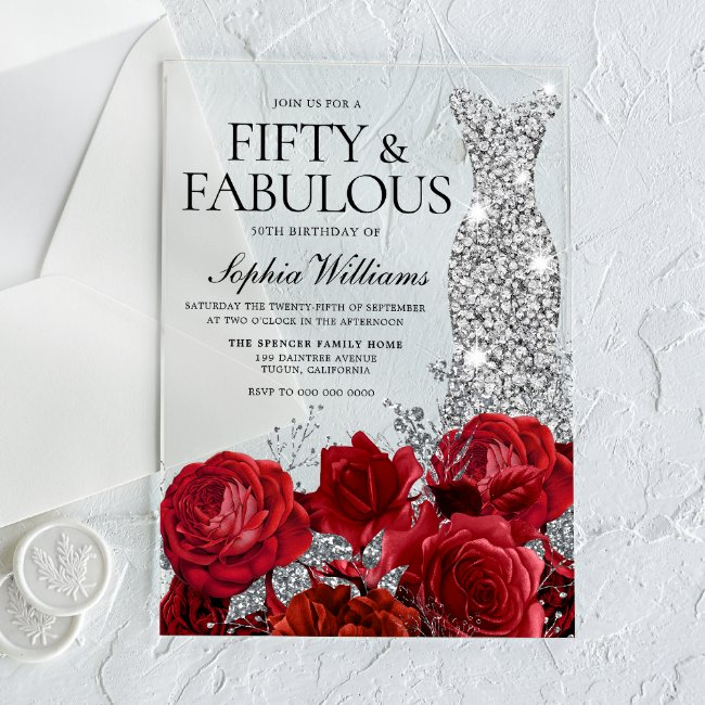 Red Roses Diamond Gown Black 50th Birthday Party Acrylic Invitations