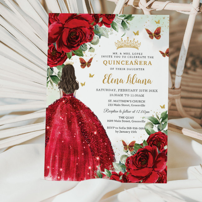 Red Roses Floral Butterflies Quinceañera Sweet 16 Invitation