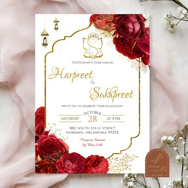 Red Roses Floral Indian Wedding Ceremony Invitation