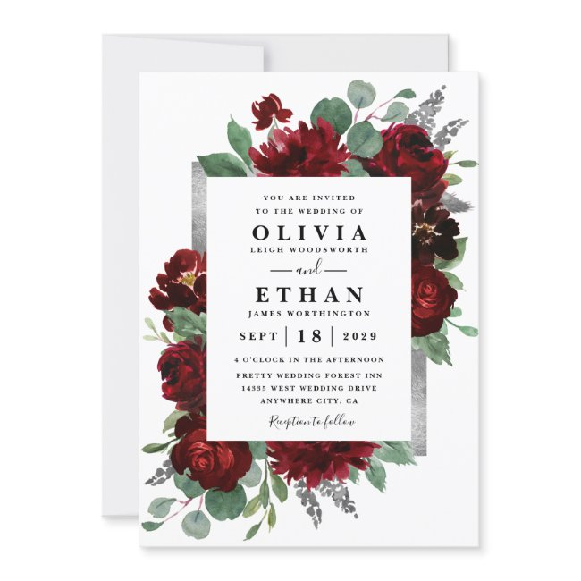 Red & Silver Country Burgundy Rose Winter Wedding Invitation