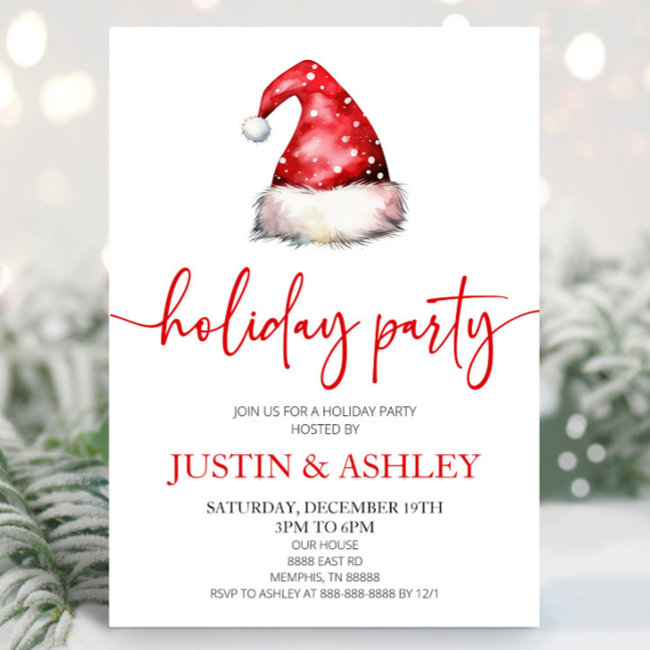 Red Snowy Santa Hat Christmas Holiday Party Invitation