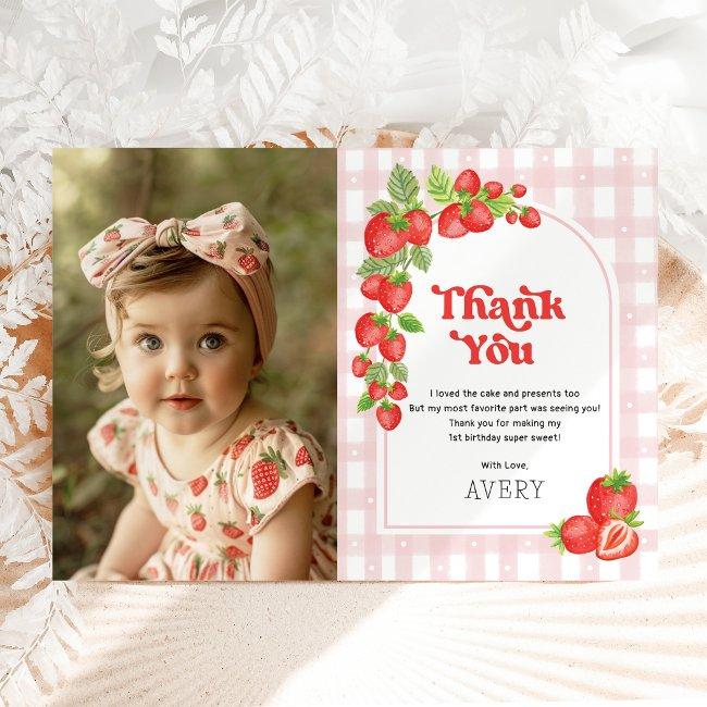 Red Strawberry Berry First Birthday Photo Thank You Invitations