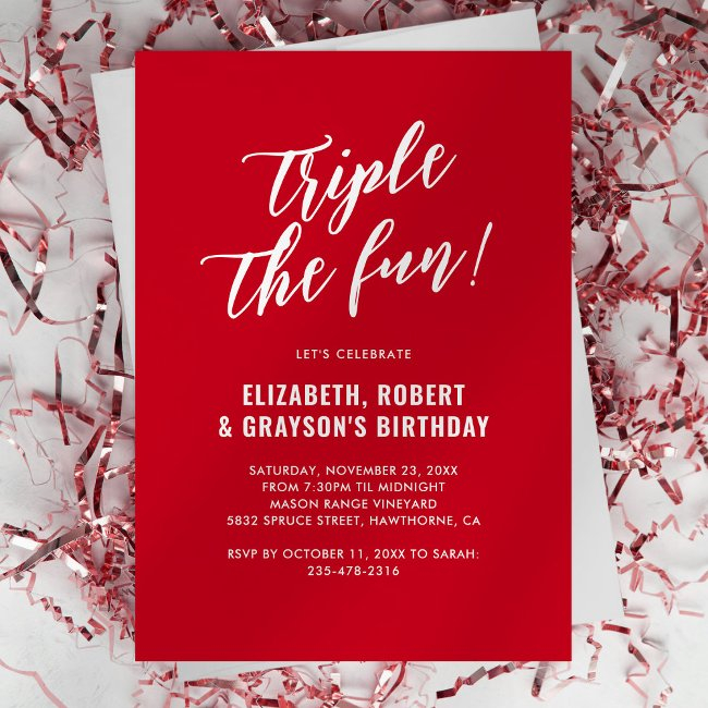 Red Triple The Fun Joint Birthday Party Invitation
