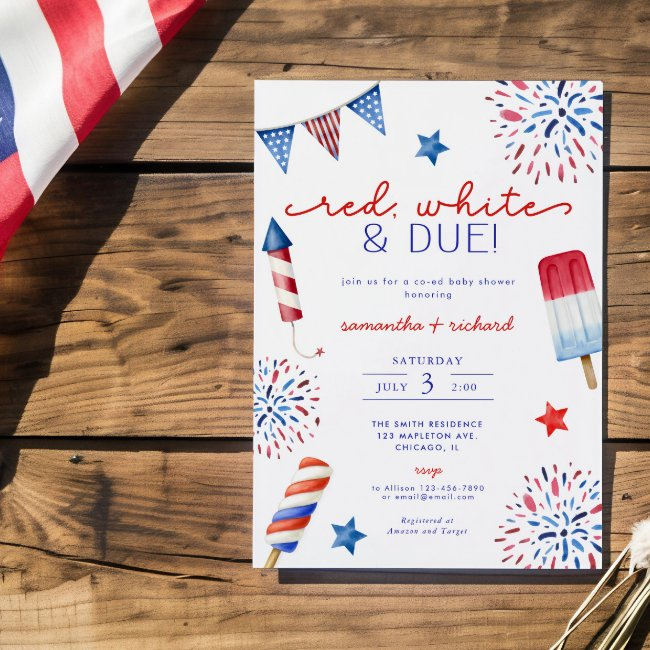 Red White And Due July Fourth 4th Baby Shower Invitation