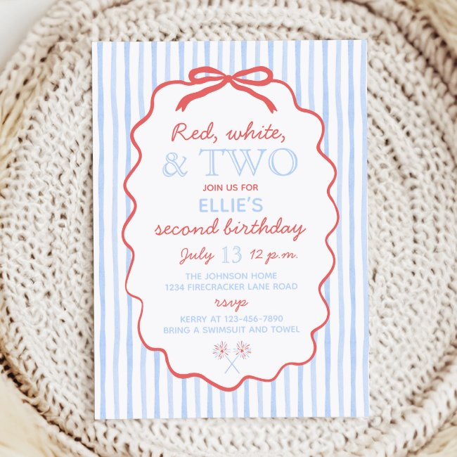Red White And Two 4th Of July 2nd Birthday Invitation