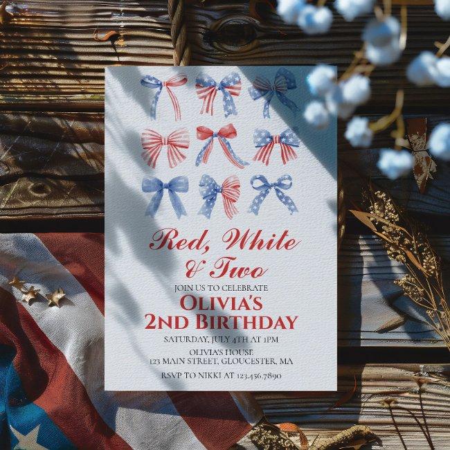 Red, White And Two Bows 4th Of July 2nd Birthday Invitation