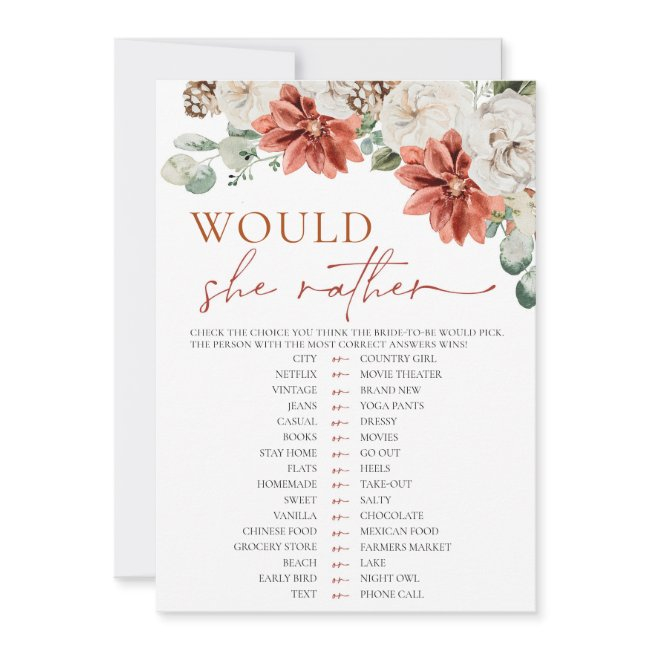 Red Winter Would She Rather Bridal Shower Game Invitation