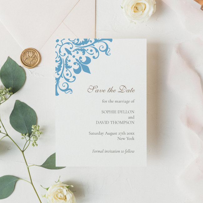 Regency French Blue Fleur De Lis Pattern Wedding Save The Date