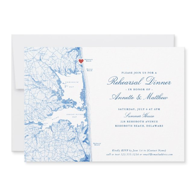 Rehoboth Beach Map Navy Blue Rehearsal Dinner Invitation
