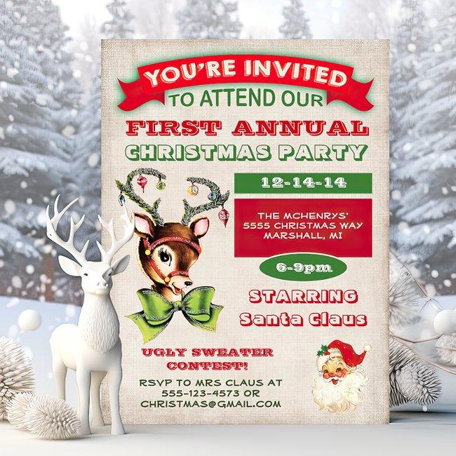 Reindeer Vintage Retro Christmas Party Invitation