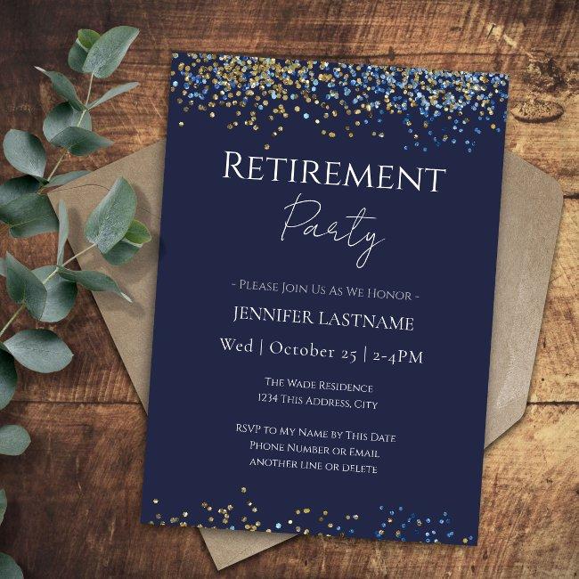 Retirement Party Blue And Gold Confetti Invitation