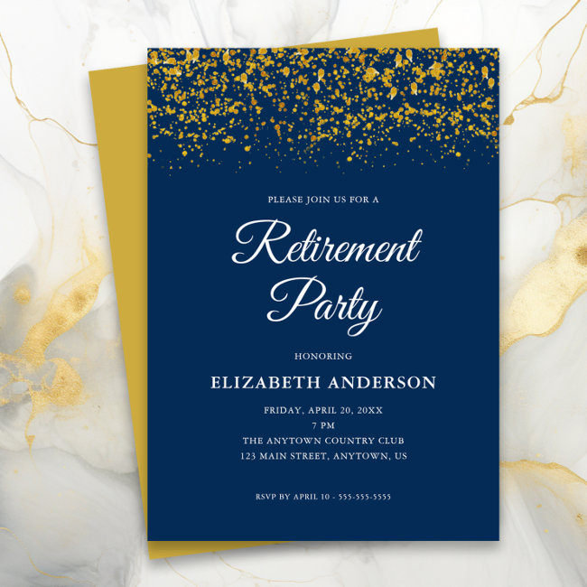 Retirement Party Gold Glitter Confetti Blue Invitation