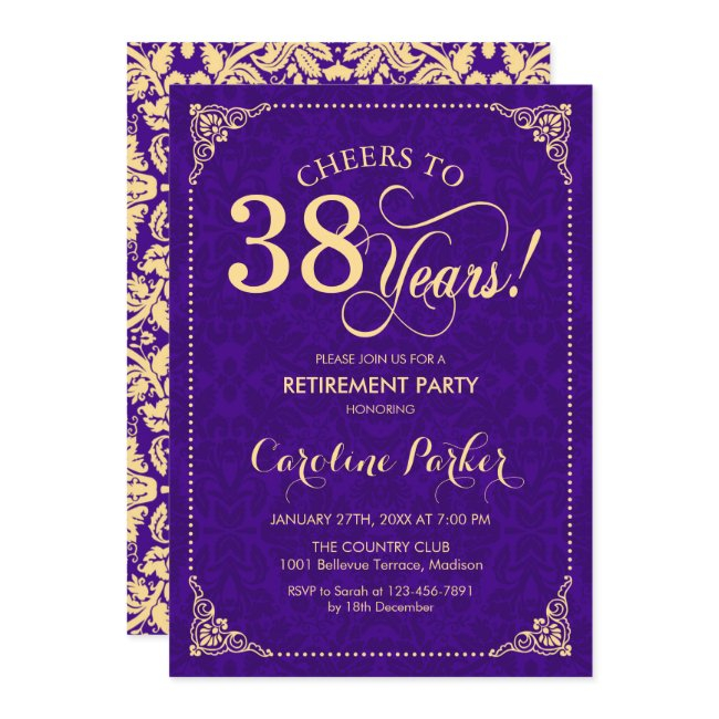 Retirement Party - Purple Gold Damask Invitation