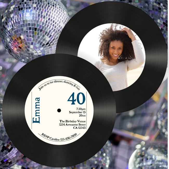 Retro 40th Birthday Photo Faux Vinyl Record Music Invitation