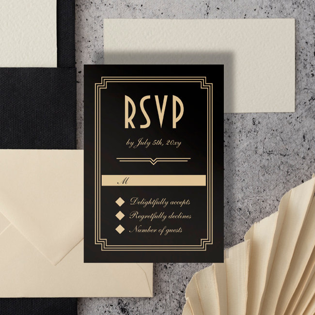 Retro Art Deco Frame Classic Black Gold Wedding Rsvp Invitations