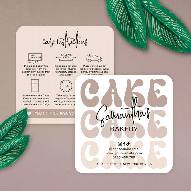 Retro Beige Trendy Bakery Cake Care Instructions Square Business Invitations