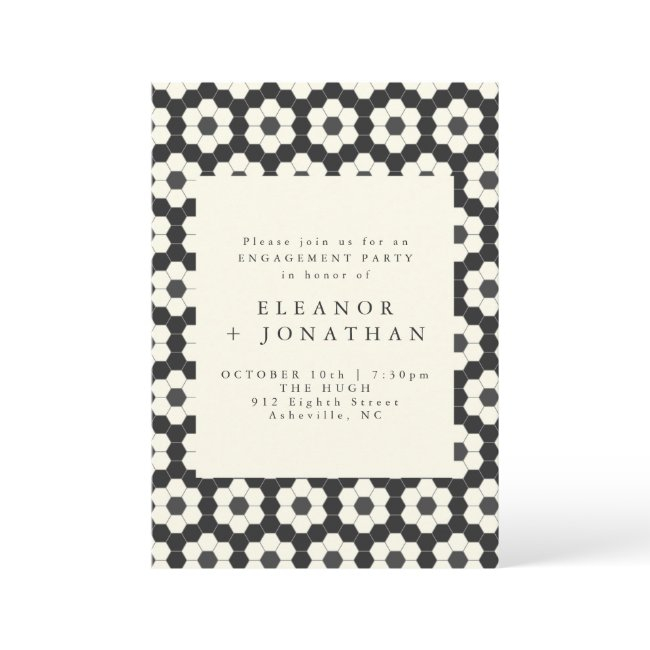 Retro Black White Geometric Tile Engagement Party Invitation